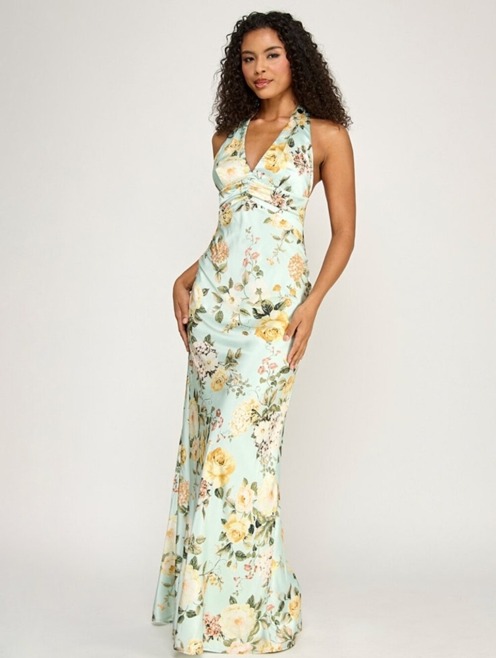Seni&Cade Mint Green Floral Halter Maxi Dress Size XS Satin